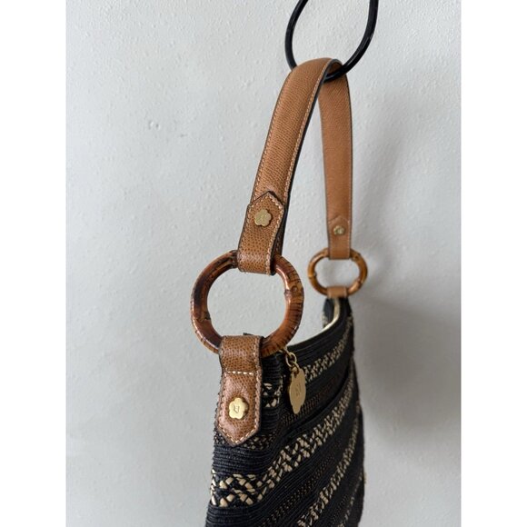 Eric Javits Woven Straw Leather Strap Zip Top Bag Purse Black Tan Brown Shoulder - Picture 3 of 7